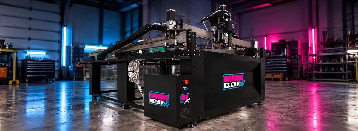 Garage Fab HQ CNC plasma table in a neon-lit shop
