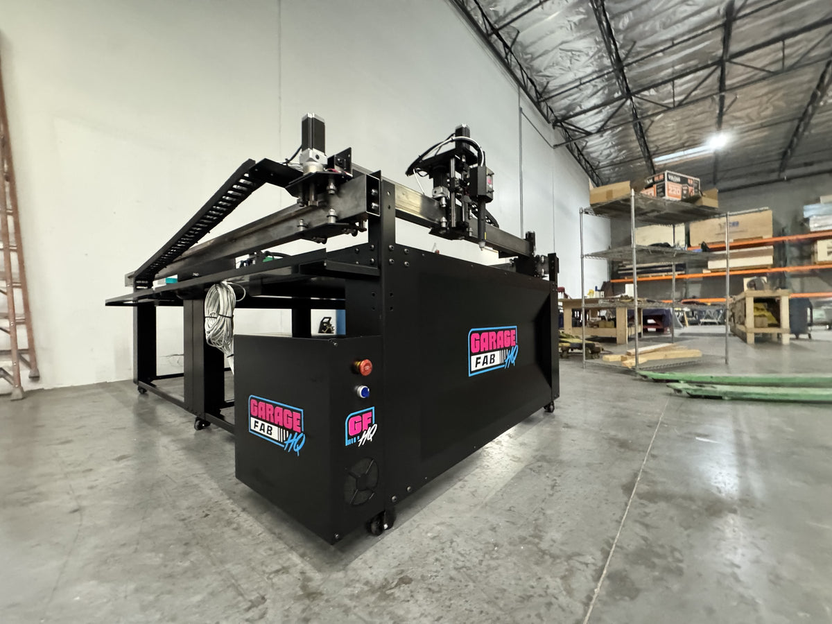 GFHQ START 4x8 raised gantry CNC plasma table, three-quarter view showing gantry, torch and control box
